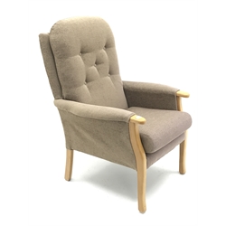  High seat light wood framed upholstered armchair, W75cm  