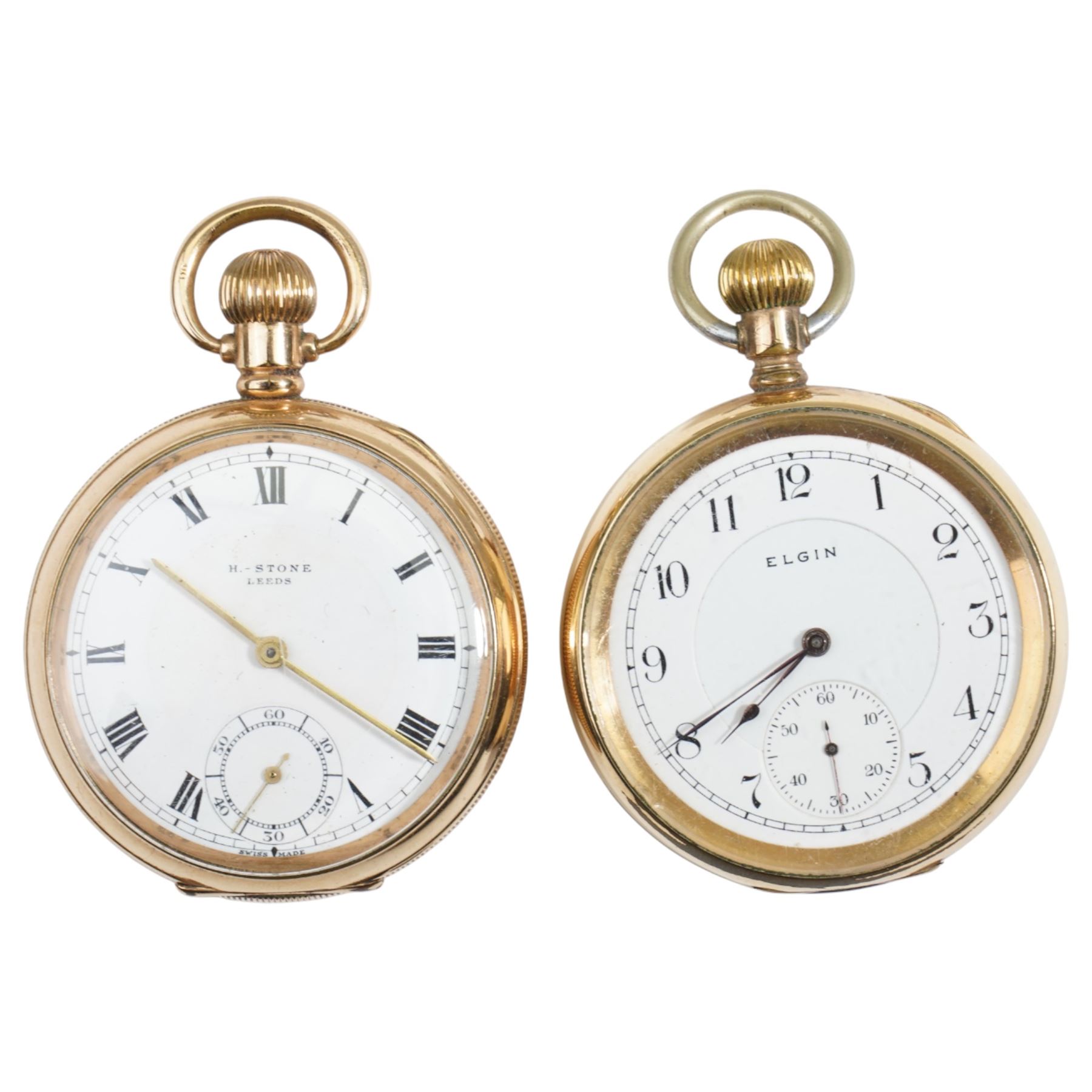 Two early 20th century gold-plated lever pocket watches including H. Stone, Leeds and Elgin and two silver fob watches
