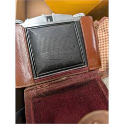 Yashica Pentamatic camera body with Yashinon 1:1.8 f=5.5 lens, Afga Isolette II, Minolta Riva AF35, Kodak Brownie cameras and accessories