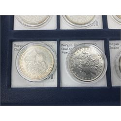 Twelve United States of America silver Morgan dollar coins, dated 1878 S, 1879 S, 1880 S, 1881 S, 1882 O, 1883 O, 1884 O, 1884 CC, 1885 O, 1886, 1887 and 1888