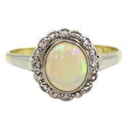 18ct gold milgrain set opal and and diamond cluster ring, stamped 18ct & Pt