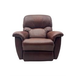 La-Z-Boy - manual reclining three piece suite - two seater sofa (W165cm, H105cm); and two armchairs (W98cm), upholstered in brown leatherette