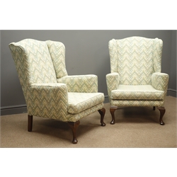  Pair 20th century beech framed wingback armchairs, upholstered in patterned fabric, cabriole supports, W74cm  