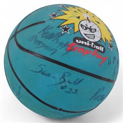 Four signed balls, including golf ball, signed at 2002 British open by Bernard Langer, Uni-Ball Basket Ball, signed by Edinburgh Rocks team 1998/99, football signed by Heart of Midlothian team, signed baseball and an unsigned Gunn & Moore cricket ball