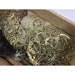 Large collection of 19th century and later horse brasses and leather straps 
