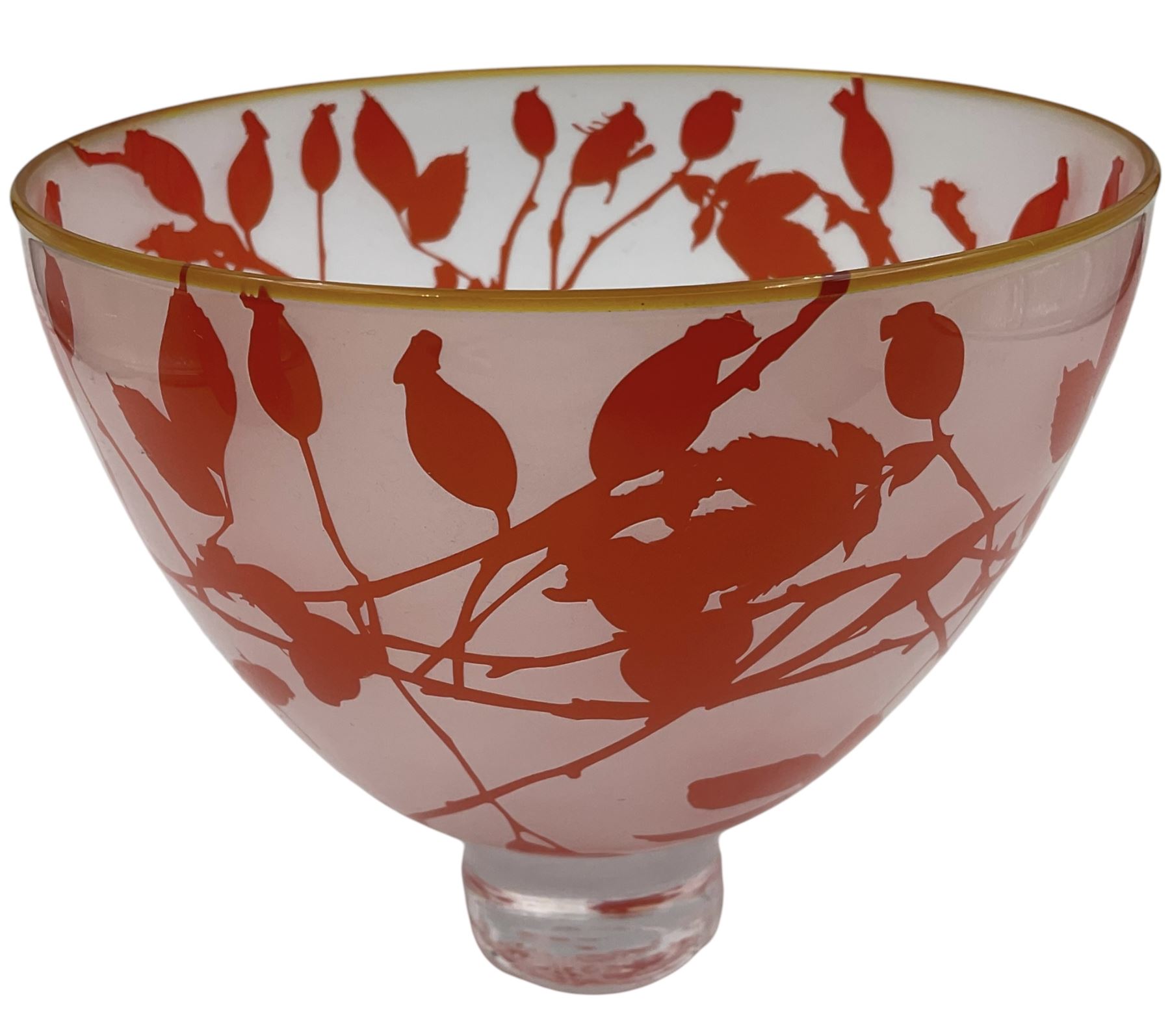 Gillies Jones of Rosedale glass bowl decorated with orange buds with orange rim, upon a short clear tapering foot, signed to base, H13cm D15cm