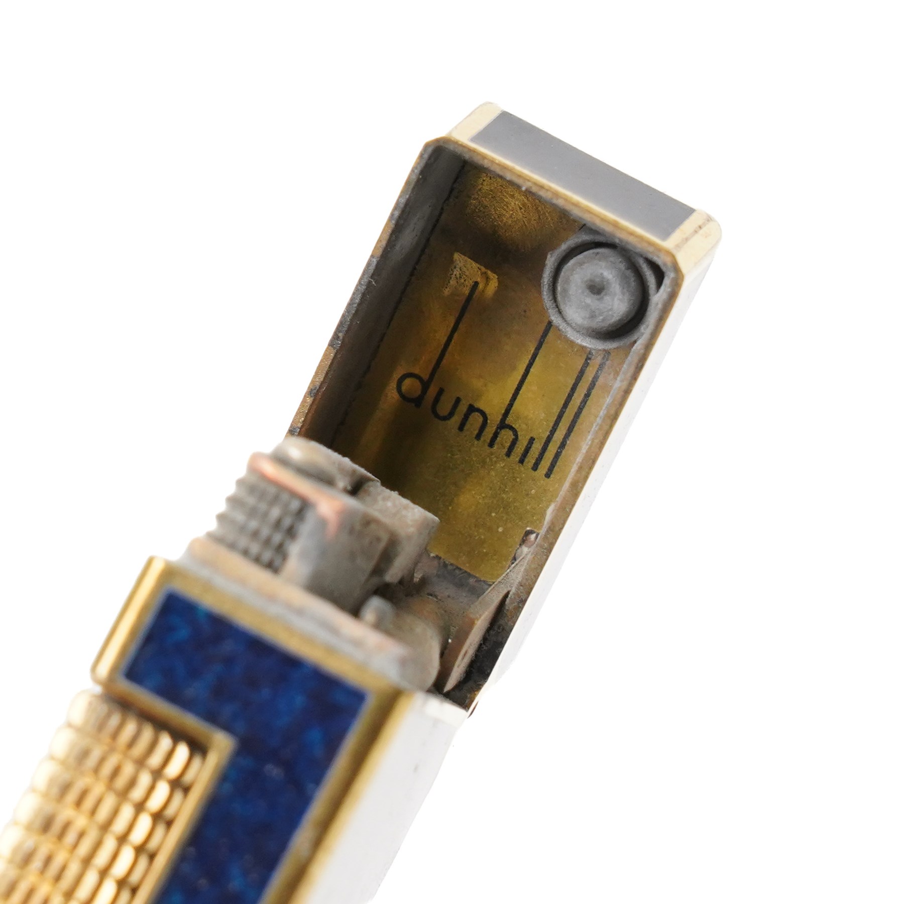Dunhill - Rollagas lighter, lapis blue lacquer and gilt metal, with ribbed thumbpiece, H6.5cm 