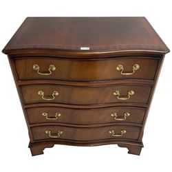Georgian design mahogany serpentine chest, moulded top over four cock-beaded drawers, on bracket feet
