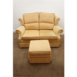  Three seat sofa, upholstered in chenille cover (W180cm) a matching two seat sofa (W150cm) and matching footstool   