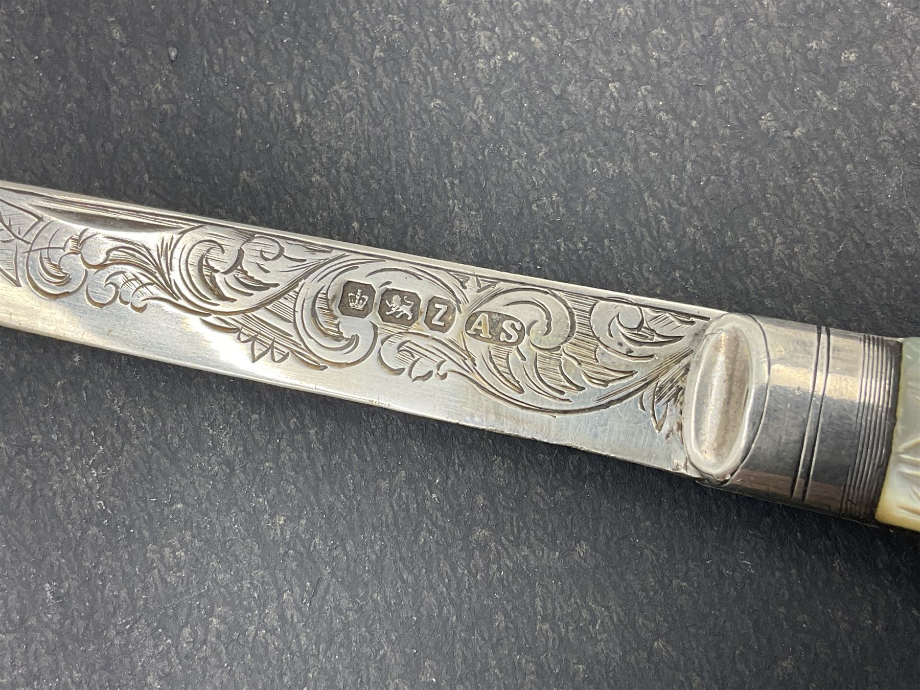 Two silver fruit knives with mother of pearl handles, hallmarked, mother of pearl tokens and similar items 