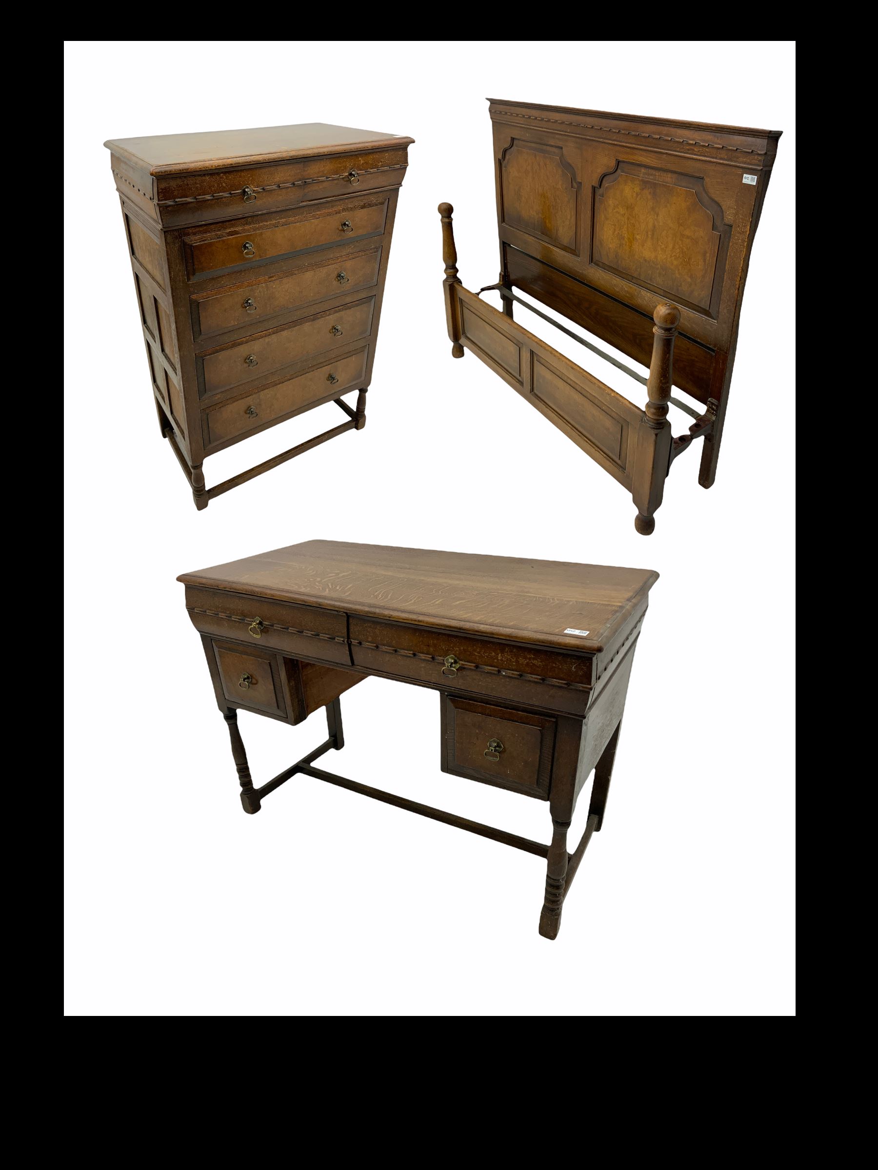 Mid 20th century figured oak bedroom furniture, comprising chest, fitted with five drawers; dressing table and double bedstead
