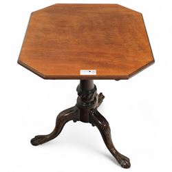 George III mahogany tripod table, square tilt-top with rounded corners, turned pedestal with twist baluster on three out-splayed supports (51cm x51cm, H71cm); together with another tripod table (63cm x 59cm, H70cm)