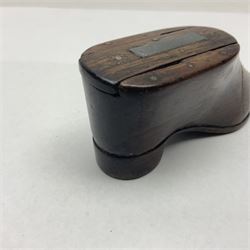 19th century wooden snuff shoe, including the sliding lid, decorated with a variety of small brass nails, H4cm