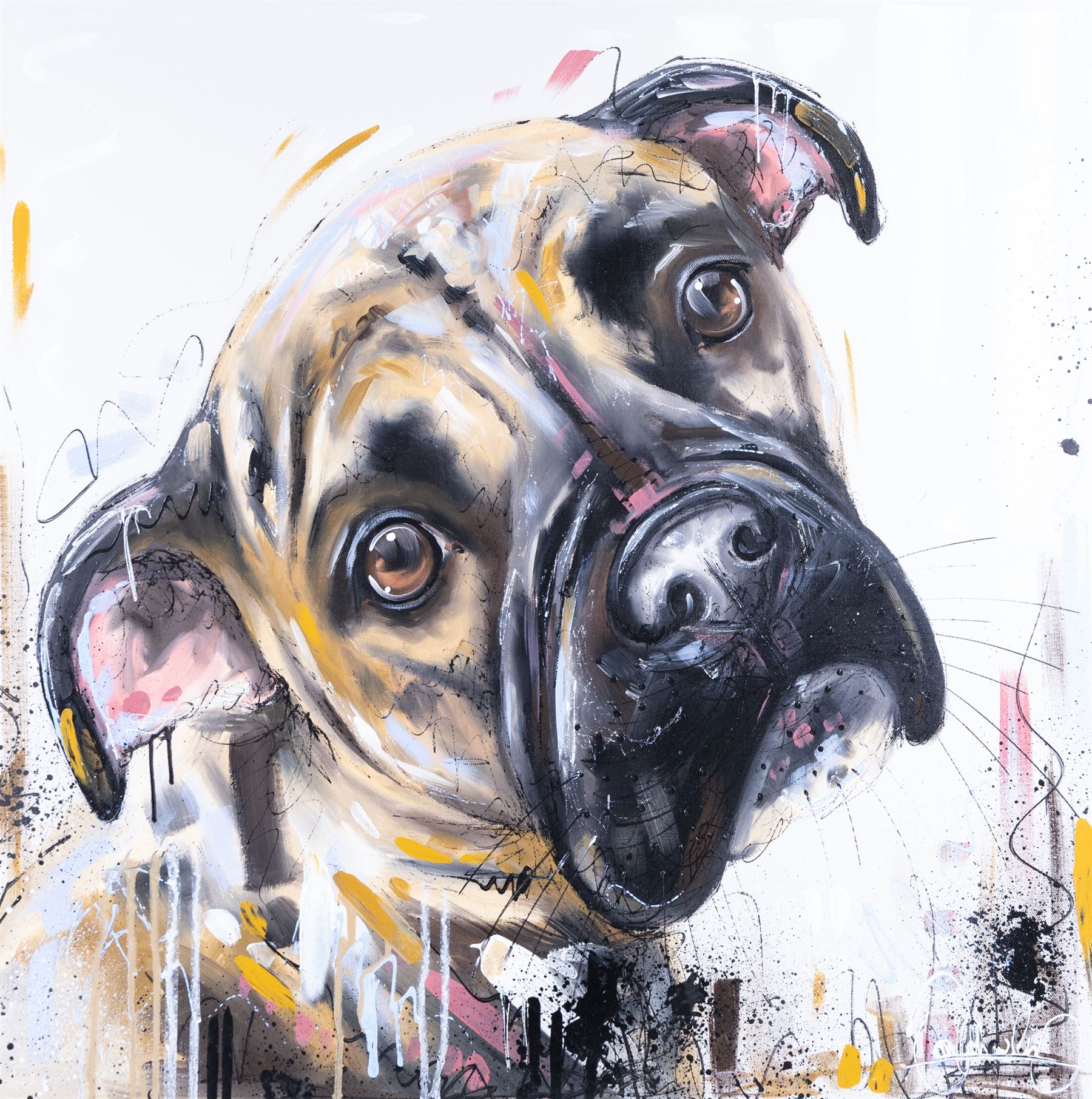 Samantha Ellis (British 1992-): 'Pebbles' Portrait of a Boxer, oil on canvas signed, titled on label verso, 76cm x 76cm 