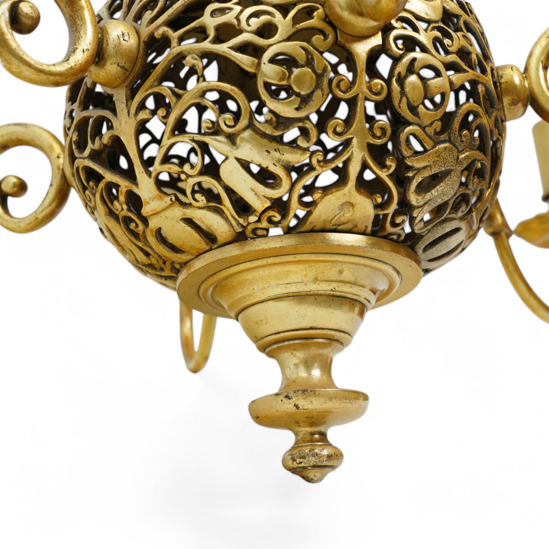Art Nouveau pierced globe and six branch chandelier, each scrolled branch holding a single candle-style bulb holder and fitted bobeche, with four matching sconces, chandelier H55cm