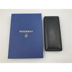 Group of Waterman pens and propelling pencils, to include a fountain pen, the black barrel with rolled gold cap and nib stamped 14ct, together with a matching propelling pencil, in box, together with a further fountain pen with gold nib stamped 14ct, stainless steel fountain pen and rollerball set in box, propelling pencil with maroon barrel etc, largest L13cm (7)