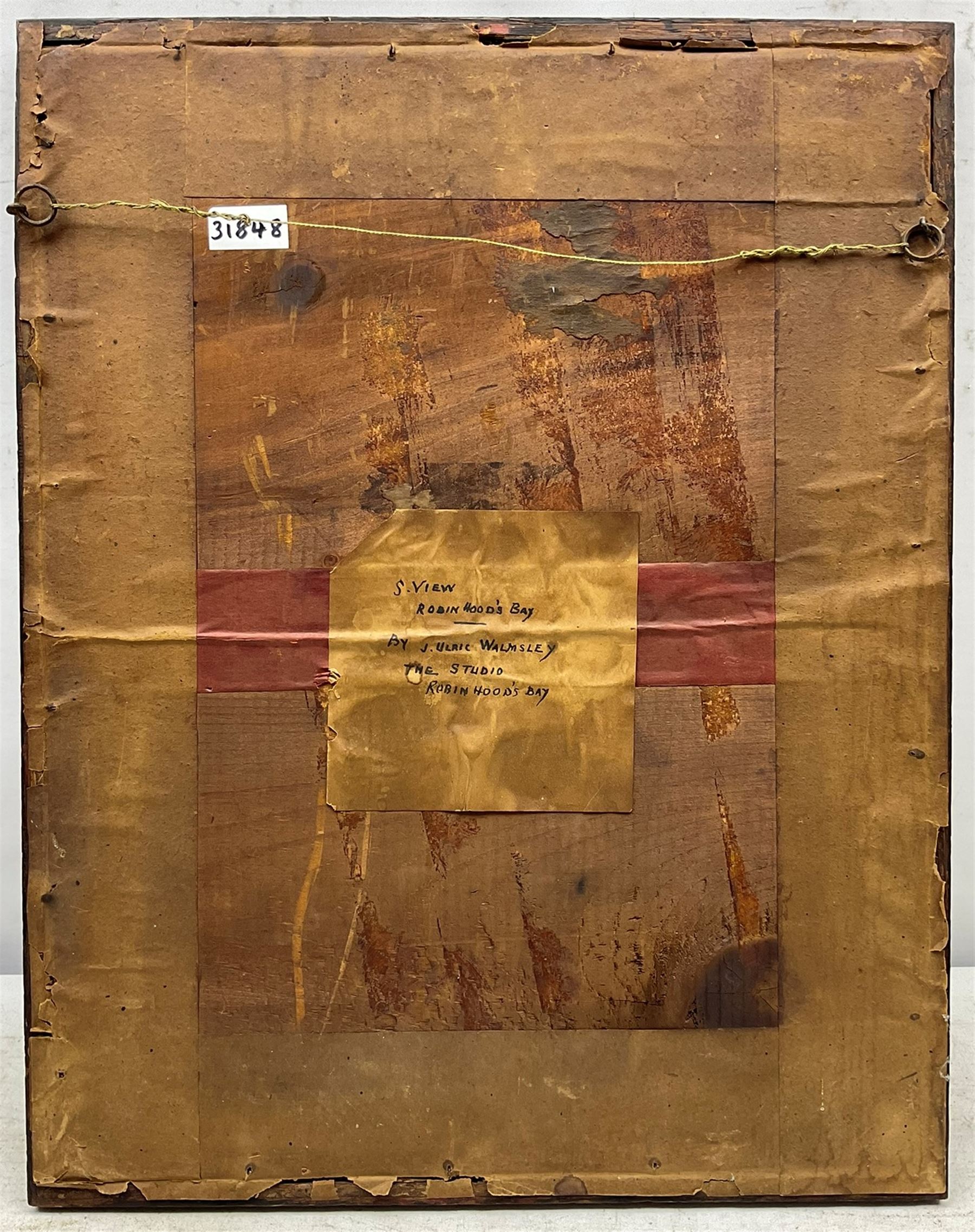 James Ulric Walmsley (British 1860-1954): 'South View Robin Hood's Bay', probably King Street, watercolour en grisailles signed, titled on original label verso with artist's address 'The Studio, Robin Hood's Bay' 26cm x 17.5cm