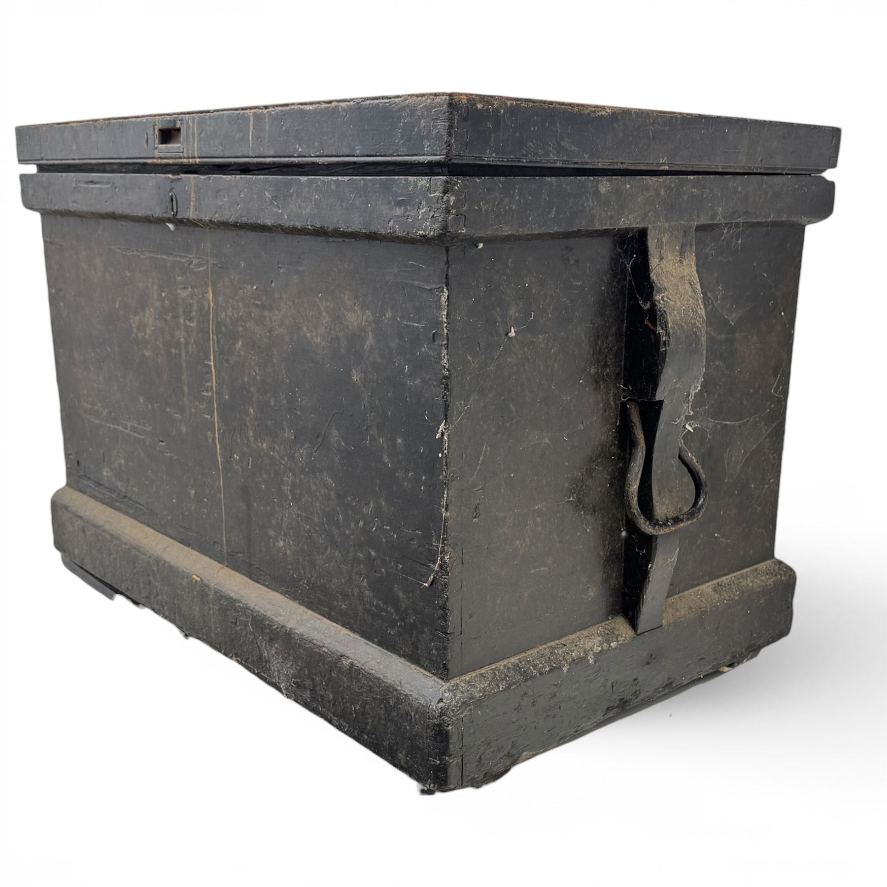 20th century black painted camphorwood lined tool chest, rectangular hinged lid over moulded edge, black painted exterior with iron straps and carry handles, the interior fitted with sliding lidded trays and drawers with turned handles, containing an assortment of hand tools