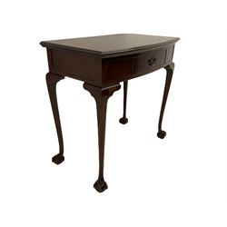 Early 20th century mahogany side table, bow front moulded top over single drawer, cabriole supports with ball and claw feet