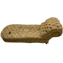 Sledmere House - 19th century chaise longue, with scrolled back and all-over buttoned upholstery, compressed turned feet with brass and ceramic castors

Provenance - 