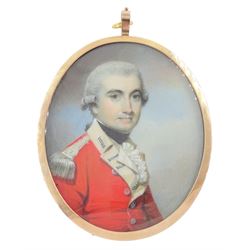 George Engleheart (British 1750-1829)
Portrait miniature upon ivory
Head and shoulder portrait of a member of the Murray family, wearing scarlet coat with white collar, lapels and cravat 
Within period gold frame with hair work verso, also bearing exhibition label inscribed 'ENGLEHEART EXN. No. 365 Lent by M. R. Margesson' 
Oval 7.5cm x 6cm

Provenance 
Sir M. R. Margesson (in 1929).
S. H. V. Hickson.
Christie's London, Miniatures, October 1998, Lot 107 

Exhibited 
Victoria and Albert Museum London, The Miniatures of George Engleheart, J. C. D. Engleheart and Thomas Richmond, 1929, no. 365.

Literature
D Foskett, A Dictionary of British Portrait Miniatures 1872, illustrated colour plate 24 no.83

George Engleheart studied at the Royal Academy Schools from 1769 under Sir Joshua Reynolds and George Barret, and regularly exhibited work at the Royal Academy between the years 1773 and 1822. 
He was appointed as Miniature Painter to King George III and is known to have painted at least twenty five portraits of the King, as well as a number of others depicting various members of the Royal family. 
Engleheart is known for his decorative style and flattering depictions, an approach which saw him gain an excellent reputation with sitters.
Today he is widely regarded as one of the most eminent portrait miniaturists of the late Georgian period. 








