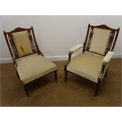  Edwardian inlaid seven piece salon suite comprising of mahogany framed double ended chaise lounge (L177cm), a pair of his and hers chairs and set four salon chairs, upholstered in a beige fabric (7)  