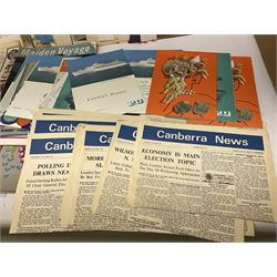 Collection of 1950s to 1970s maritime ephemera related to the Cunard Line R.M.S. Queen Mary, Cunard R.M.S Mauretania, P&O S.S. Canberra, Canadian Pacific C.P.S Empress of Canada, to include assorted menus, newspapers, passenger lists, programmes, luggage stickers, invitations, etc, together with other cruise liner ephemera including S.S Oriana and Uganda