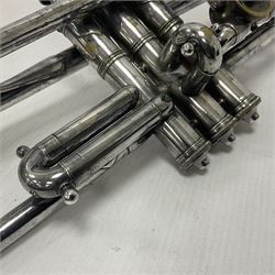 Victorian Class A silver plated trumpet retailed by Kitchen & Co,29 Queen Victoria Street Leeds, 1897 with mouthpiece/slide and in its original felt lined box
