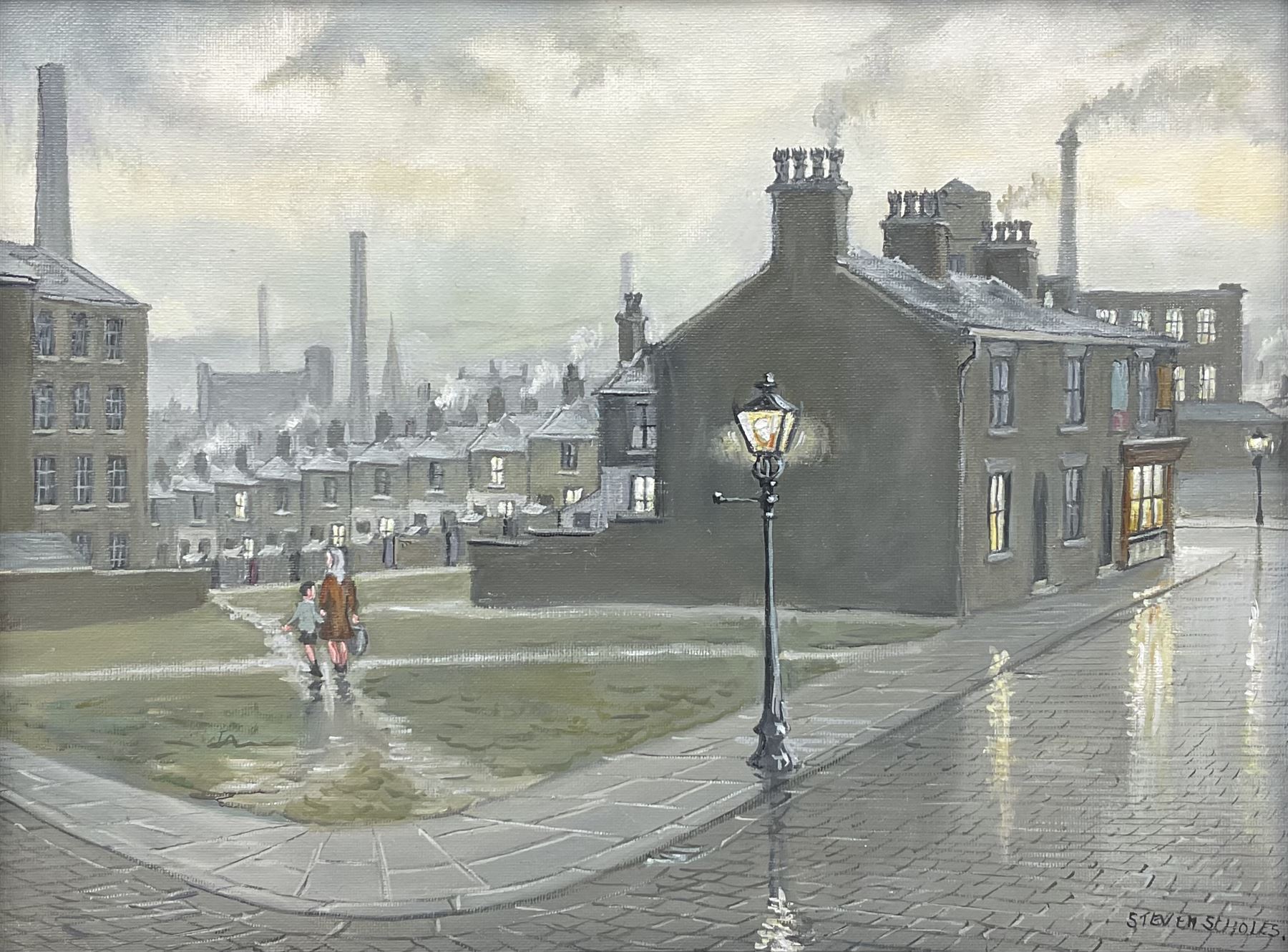 Steven Scholes (Northern British 1952-): 'The Old Gas Lamp 1962', oil on canvas signed 28.5cm x 38cm