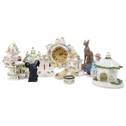 Collection of Coalport items, comprising floral mantel clock, houses including 'Park Lodge...