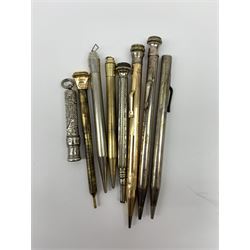 A late Victorian Sampson Mordan & Co silver push action propelling pencil, with foliate engraved decoration and suspension ring terminal, hallmarked Sampson Mordan & Co, London 1896, together with a group of vintage pens including examples by Eversharp, a number marked Silver Plated, Rolled Gold, and Gold Filled. 