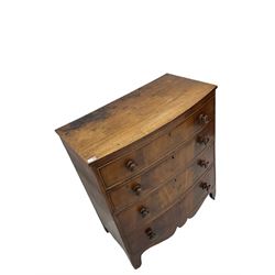 19th century mahogany bow front chest, fitted with four graduating drawers, shaped apron and splayed feet