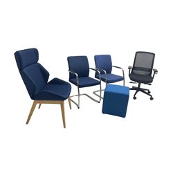 Elite - black office swivel chair (W61cm H98cm); together with Elite - pair office armchairs and high back office chair, upholstered in navy blue; and office cube