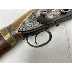 Late 18th century 7.2mm (approx. .28 calibre) Girandoni system single shot reservoir air rifle, the 62cm steel barrel with swivelling two-leaf rear sight, brass breech decorated with a sunburst and lever opening top loading, engraved steel lock-plates marked 'S. Gaskell' to the right side underneath the cocking lever, brass trigger guard,  leather covered steel butt reservoir of tapering conical form with brass ferrule and walnut fore-stock with horn mounts L107cm overall