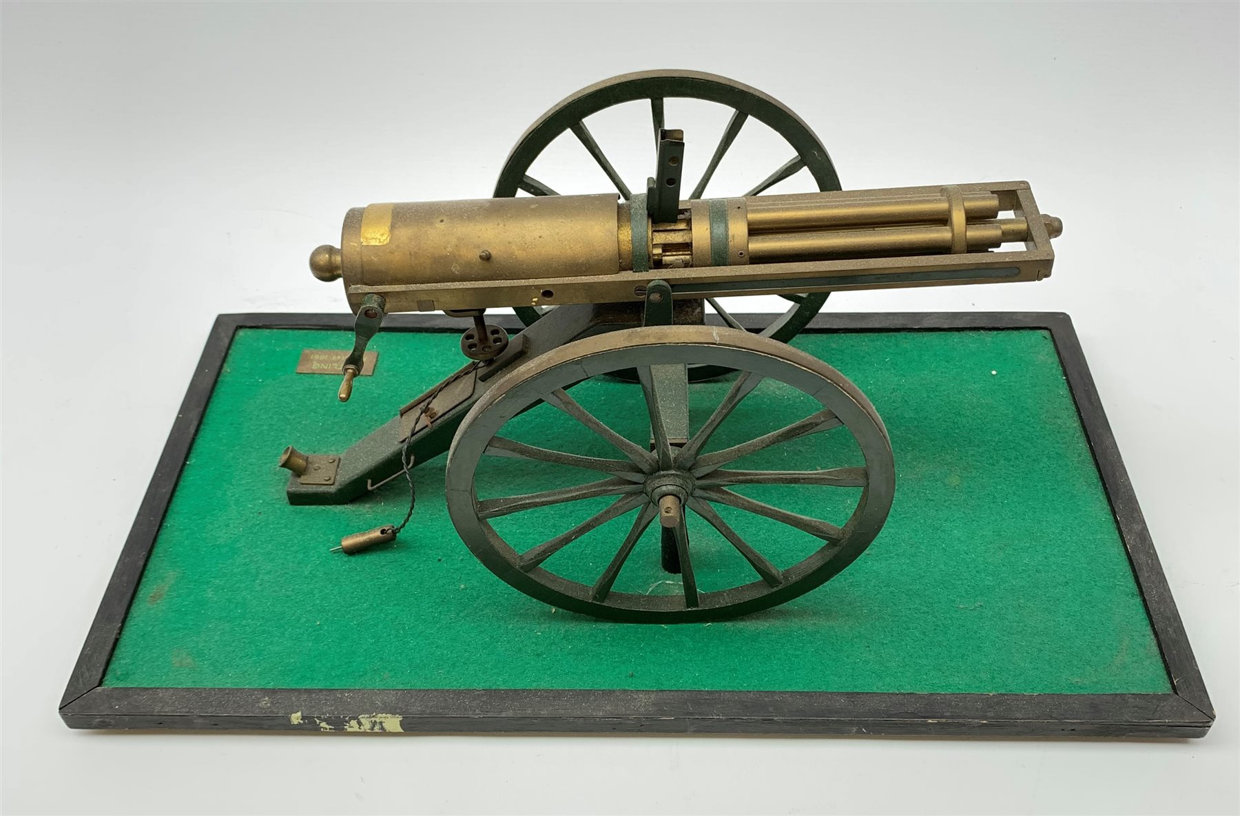 Scratch built brass model of an 1861 Gatling Gun with rotating barrels