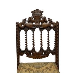 19th century carved mahogany folding chair, cresting rail carved with two stylised fish flanking a crown, spiral turned spindle supports over tapestry seat (W37cm H89); and another folding chair (W46cm H100cm)
