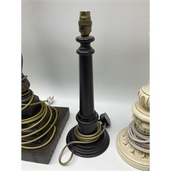 19th century oak barley twist table lamp, together with three other table lamps, including off white painted foliate example, tallest H86cm