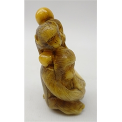  Japanese Meiji ivory Okimono carved as two Monkeys holding a banner, H6.5cm  Provenance: private collection   