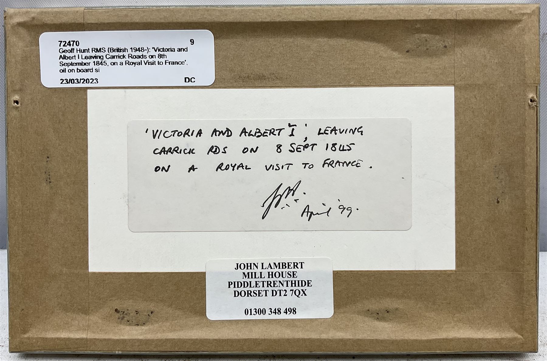 Geoff Hunt RMS (British 1948-): 'Victoria and Albert I Leaving Carrick Roads on 8th September 1845, on a Royal Visit to France', oil on board signed and dated '99, titled verso 9cm x 14.5cm