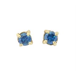 Pair of 9ct gold diamond earrings, each stud four claw set with a fancy blue diamond, stam...