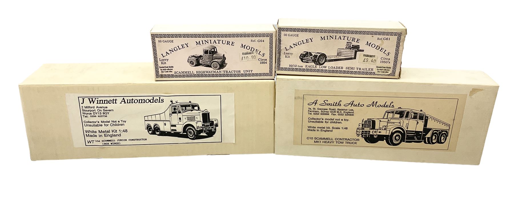 Four heavy haulage white metal model kits - J. Winnett Automodels 1:48 scale WT 104 Scammell Junior Constructor (Box wings); A. Smith Auto Models 1:48 scale C10 Scammell Contractor MK1 Heavy Tow Truck; Langley Miniature Models '00' gauge Scammell Highwayman Tractor Unit with separate 10/12 ton Eagle Low Loader Semi Trailer; all boxed with instructions (4)