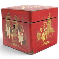 19th century tea caddy, of sarcophagus form, the lid opening to reveal fitted interior, together with red lacquered tea caddy, largest H22cm  
