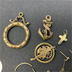 9ct gold jewellery, including sapphire and diamond cluster ring, 'Good Luck' anchor sweetheart brooch, two charms and a pair of stud earrings, together with a 15ct gold brooch commemorating the Battle of Ypres, Berwick Cycling Club medal and a gold wreath pendant