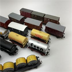 Hornby Dublo - twenty-one re-painted wagons including tank wagons for Esso, Pool, Fina, Regent, Shell, Cleveland Discol, Redline & Ensign etc, cable drum bogie wagon with four drums, triple container bogie wagon and covered wagons; all unboxed (21)