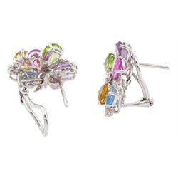Pair of 18ct white gold multi gemstone set flower design earrings, round brilliant cut diamond, with pear cut pink sapphire, peridot, citrine, blue topaz and amethyst petals, total diamond weight 0.46 carat