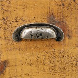 Indigo Furniture - large rustic oak cupboard with faux-drawer fronted cupboard, rectangular top above a cupboard door to the left with latch, a bank of four drawers to the right, metal cup handles raised on shaped supports