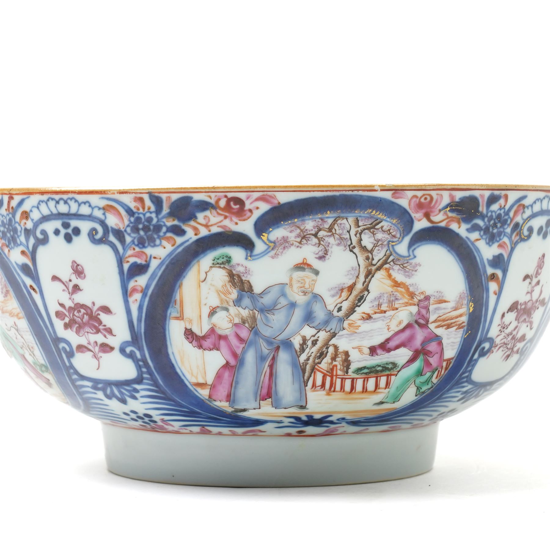 19th century Chinese famille rose punch bowl, decorated with panels of traditional scenes within blue decoration, D26cm 