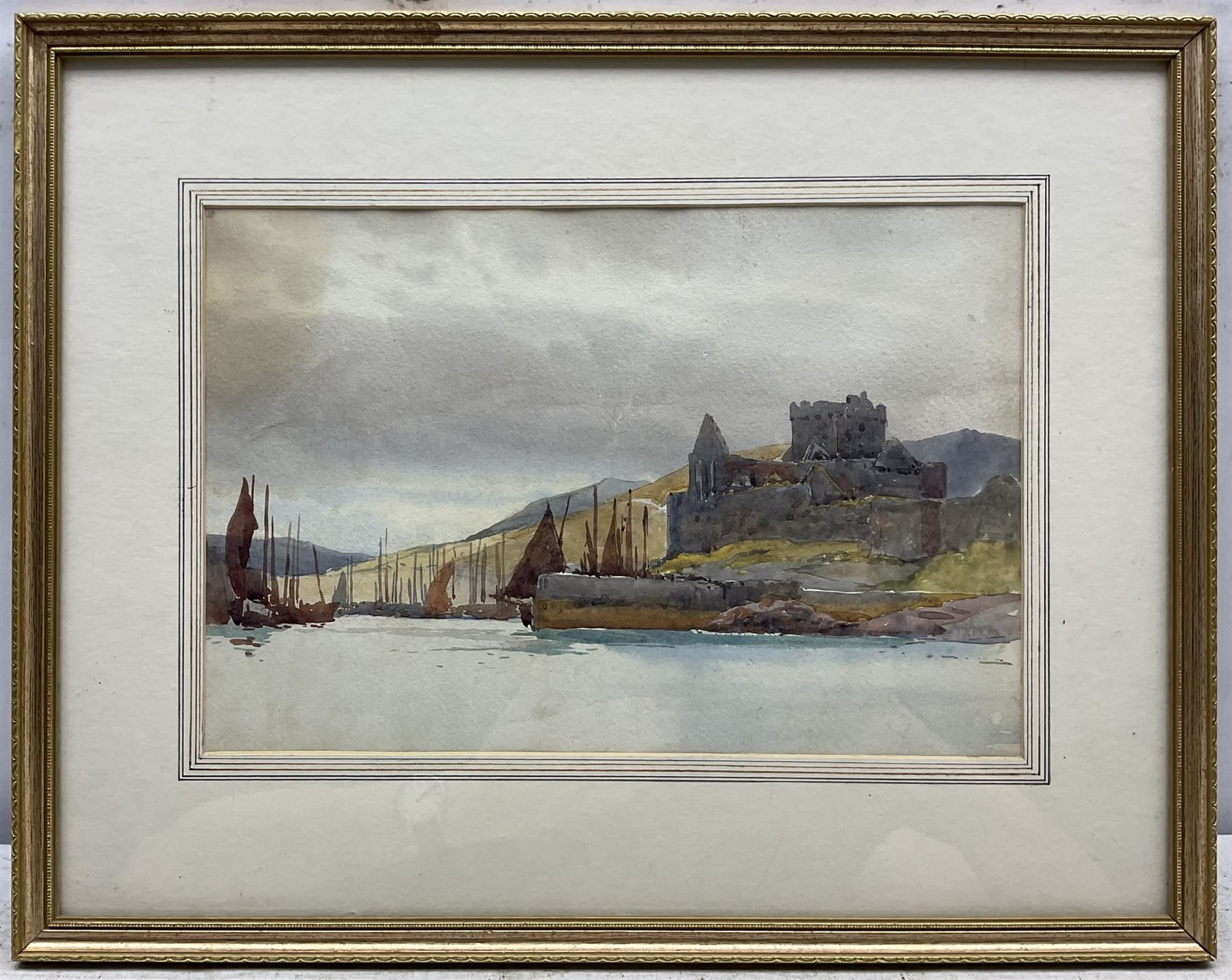 Ernest Dade (Staithes Group 1864-1935): 'Peel Castle Isle of Man' - Fishing Boats in the Harbour, watercolour, signed titled and dated 1889 verso 22cm x 33cm 
Provenance: private collection, purchased David Duggleby Ltd 15th September 2014 Lot 205; previously in the Robert (Pat) & Mary Patterson collection. Pat was curator of the Castle Museum York (1951-1972) and under his charge it grew to be the most visited museum outside London. They lived in Runswick Bay.