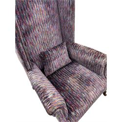 Early 20th century high wing back armchair, upholstered in stripe fabric, cabriole legs