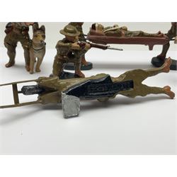 Eight Elastolin British soldiers and wartime figures, including nurse, injured soldier on stretcher, soldier with dog, etc, tallest 11cm